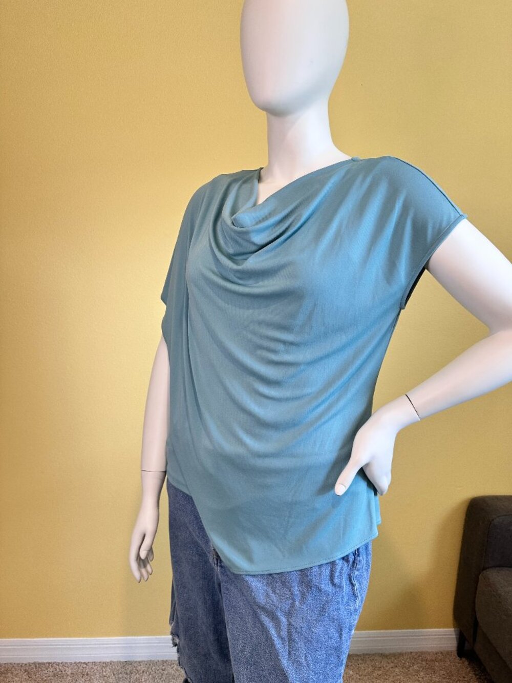 Alfani Aqua Cowl Neck Asymmetrical Top Large Draped Blouse Career Office Stretch